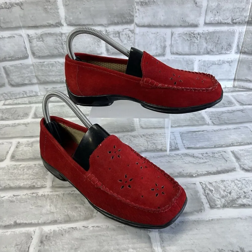 Valley Lane Women's Size 7 Red Suede Leather Perforated Moccasin Loafers Vintage